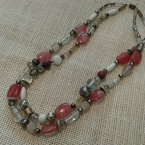 Vintage Jewelry - Vintage Glass And Silver Bali Bead Double Strand Coral & White Necklace
